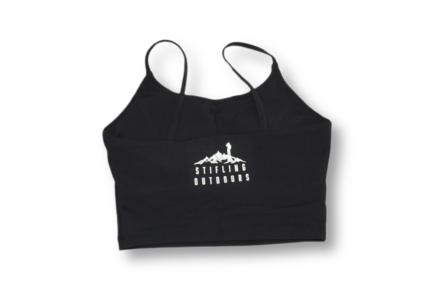 This black colored crop top with spaghetti straps is perfect for your hiking outfit, road trip outfit, or airplane outfit. 3D silicone logo on the back and built-in bra.