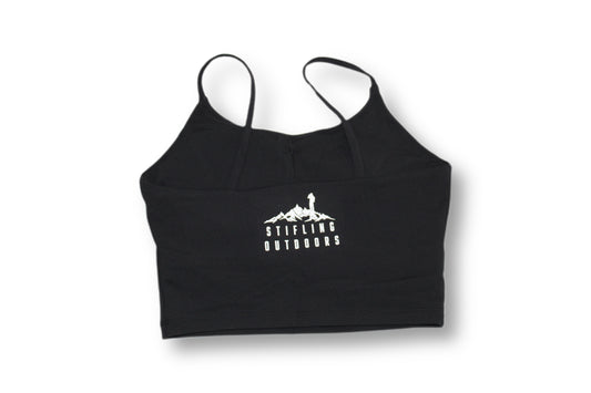 This black colored crop top with spaghetti straps is perfect for your hiking outfit, road trip outfit, or airplane outfit. 3D silicone logo on the back and built-in bra.