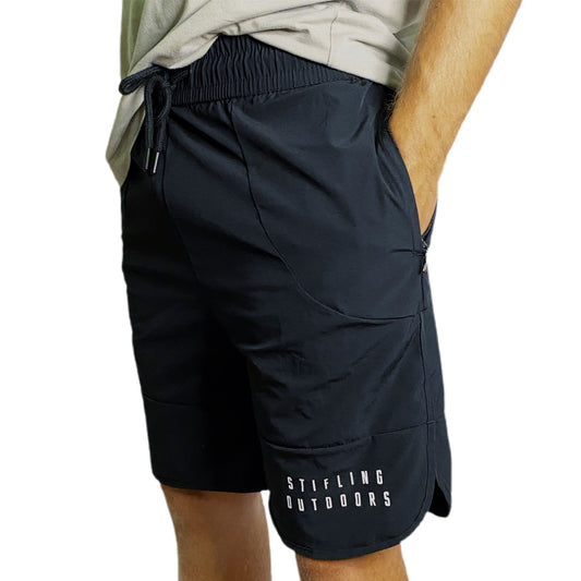 Men's black charcoal hiking shorts. 4 way stretch. Quick Drying.