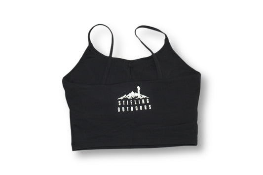 This black colored crop top with spaghetti straps is perfect for your hiking outfit, road trip outfit, or airplane outfit. 3D silicone logo on the back and built-in bra. 