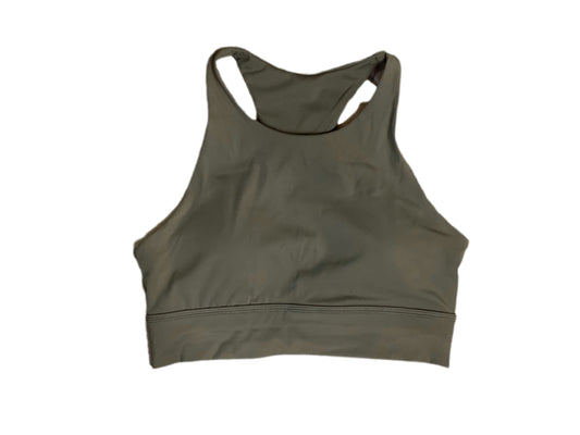 Sage green sports bra with padding. Open back with mesh details. Logo on the back 